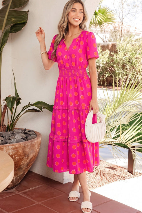 Polka Dot Short Sleeve Smocked High Waist Midi Dress