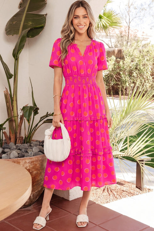 Polka Dot Short Sleeve Smocked High Waist Midi Dress
