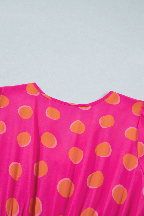 Polka Dot Short Sleeve Smocked High Waist Midi Dress