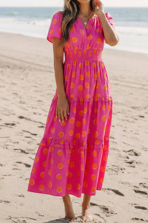 Polka Dot Short Sleeve Smocked High Waist Midi Dress
