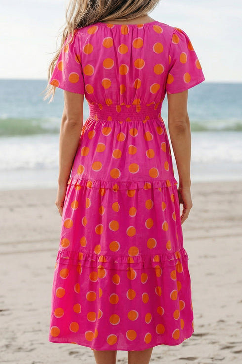 Polka Dot Short Sleeve Smocked High Waist Midi Dress