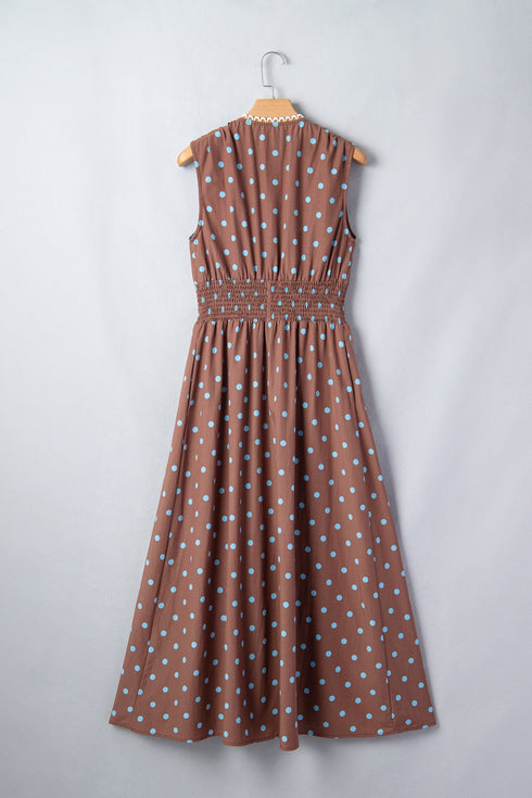 Polka Dot Smocked Distinctive Trim Zip Up Maxi Dress