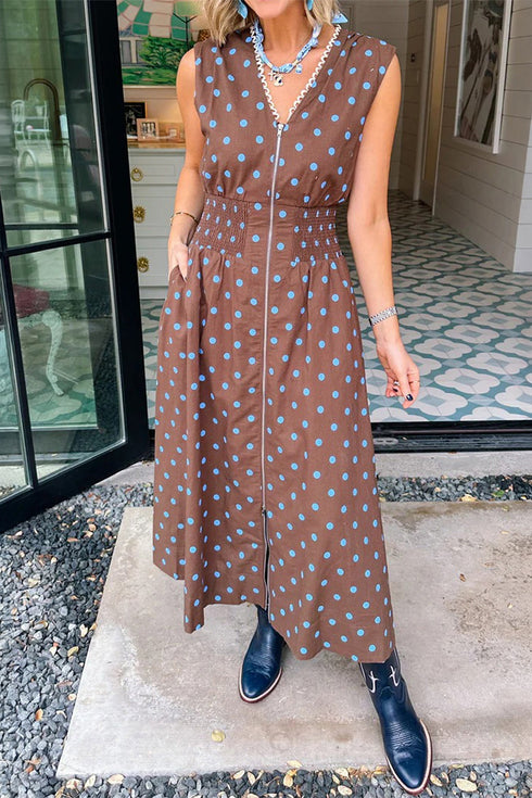 Polka Dot Smocked Distinctive Trim Zip Up Maxi Dress