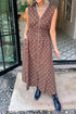 Polka Dot Smocked Distinctive Trim Zip Up Maxi Dress