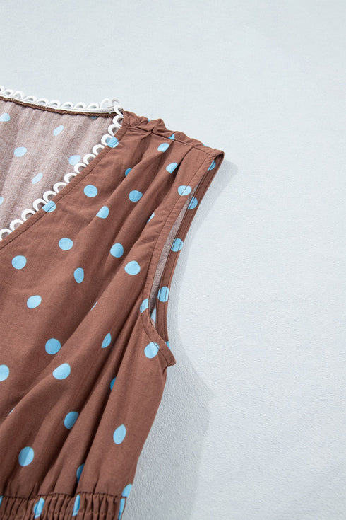 Polka Dot Smocked Distinctive Trim Zip Up Maxi Dress