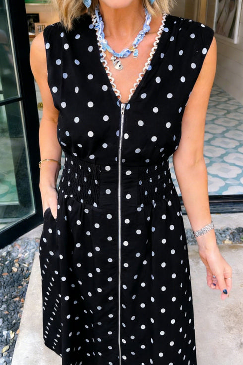 Polka Dot Smocked Distinctive Trim Zip Up Maxi Dress