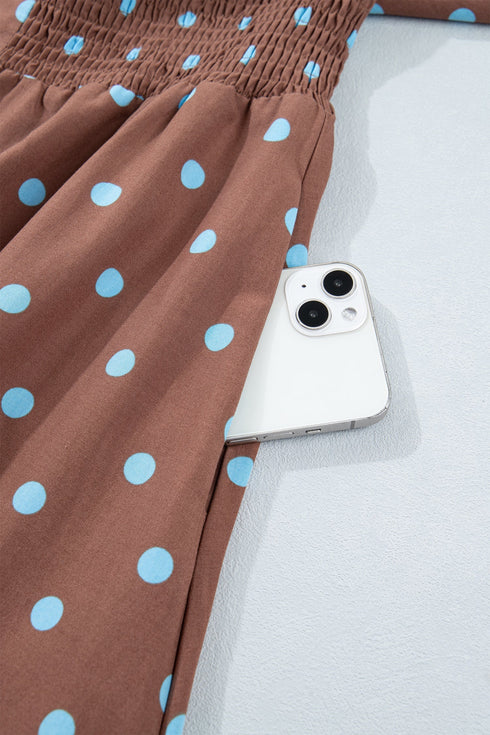 Polka Dot Smocked Distinctive Trim Zip Up Maxi Dress
