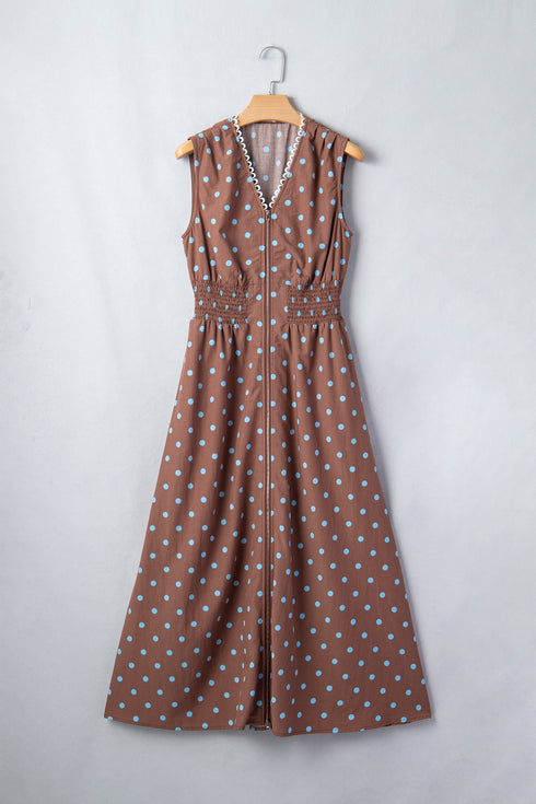 Polka Dot Smocked Distinctive Trim Zip Up Maxi Dress