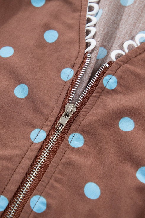 Polka Dot Smocked Distinctive Trim Zip Up Maxi Dress