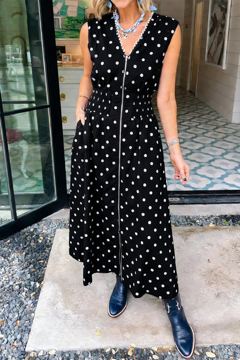 Polka Dot Smocked Distinctive Trim Zip Up Maxi Dress