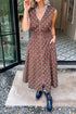 Polka Dot Smocked Distinctive Trim Zip Up Maxi Dress