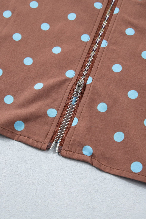 Polka Dot Smocked Distinctive Trim Zip Up Maxi Dress