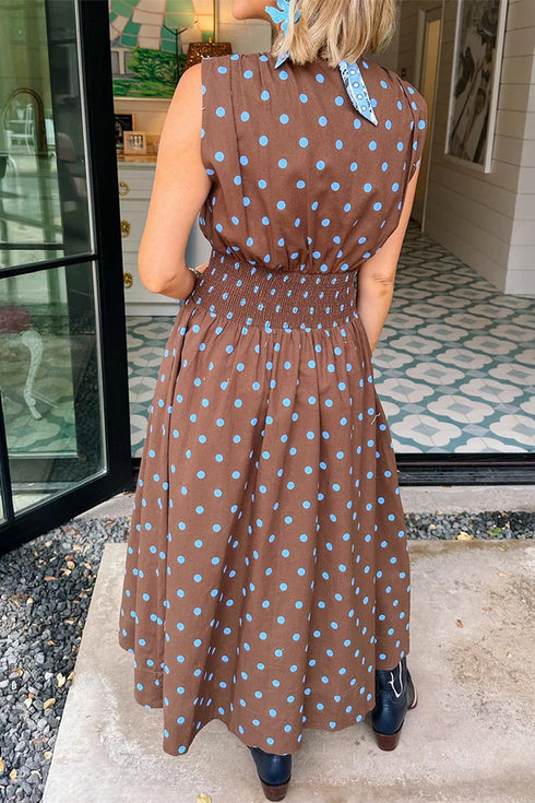 Polka Dot Smocked Distinctive Trim Zip Up Maxi Dress