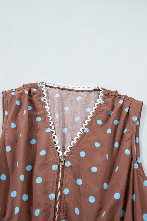 Polka Dot Smocked Distinctive Trim Zip Up Maxi Dress