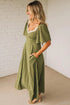Polka Dot Smocked High Waist Lacy Neckline Maxi Dress
