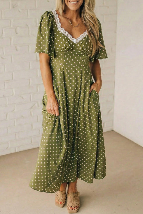 Polka Dot Smocked High Waist Lacy Neckline Maxi Dress