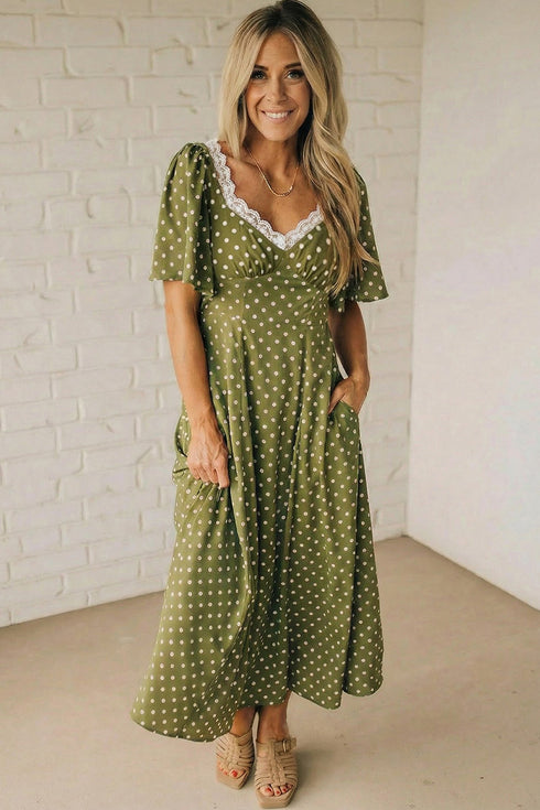 Polka Dot Smocked High Waist Lacy Neckline Maxi Dress