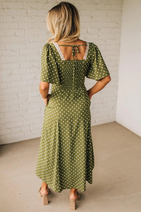 Polka Dot Smocked High Waist Lacy Neckline Maxi Dress