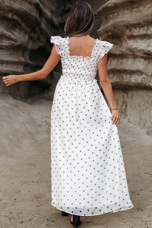 Polka Dot Smocked Ruffle Flutter Sleeve Maxi Dress