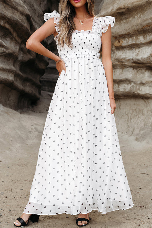 Polka Dot Smocked Ruffle Flutter Sleeve Maxi Dress