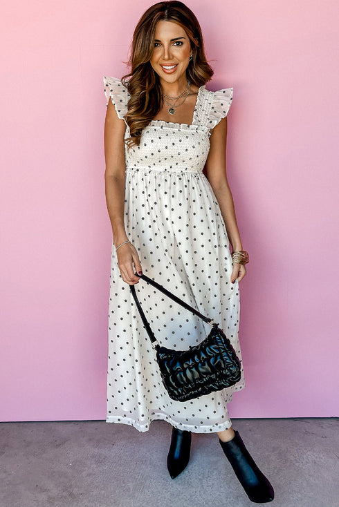 Polka Dot Smocked Ruffle Flutter Sleeve Maxi Dress