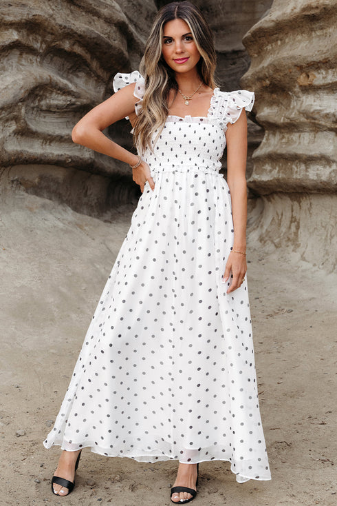 Polka Dot Smocked Ruffle Flutter Sleeve Maxi Dress