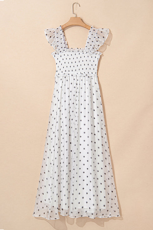 Polka Dot Smocked Ruffle Flutter Sleeve Maxi Dress