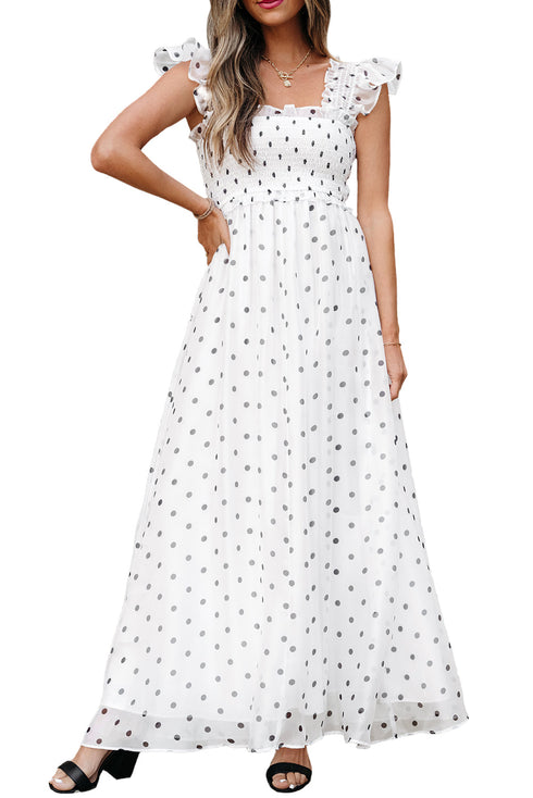 Polka Dot Smocked Ruffle Flutter Sleeve Maxi Dress