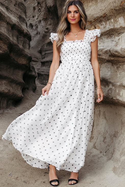 Polka Dot Smocked Ruffle Flutter Sleeve Maxi Dress