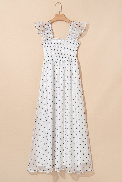 Polka Dot Smocked Ruffle Flutter Sleeve Maxi Dress