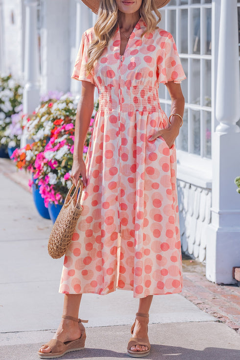 Polka Dot Smocked Ruffle Sleeve A Line Maxi Dress