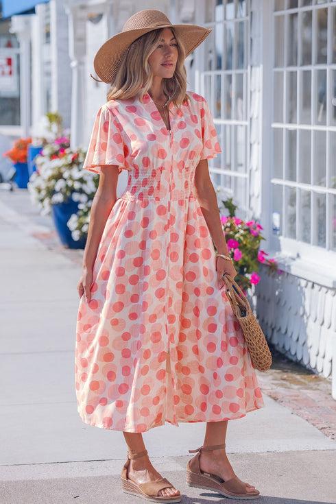 Polka Dot Smocked Ruffle Sleeve A Line Maxi Dress