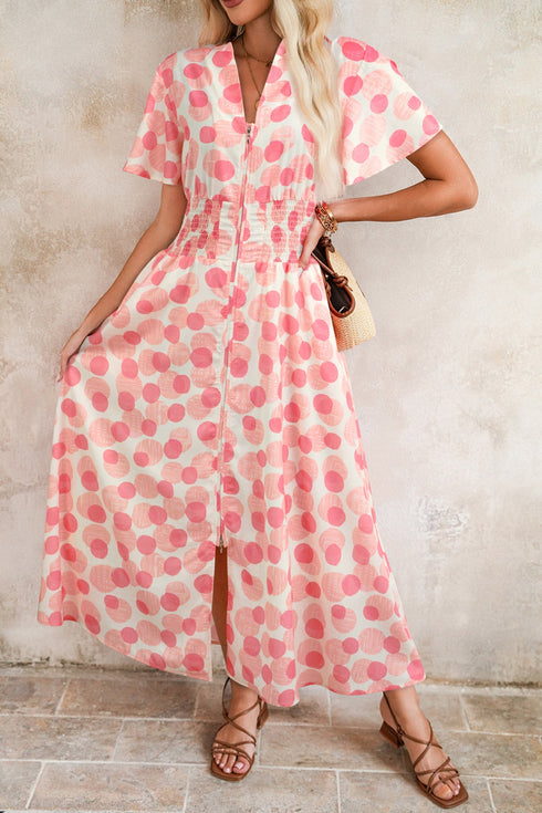 Polka Dot Smocked Ruffle Sleeve A Line Maxi Dress