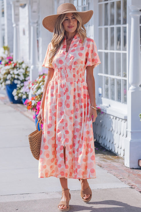 Polka Dot Smocked Ruffle Sleeve A Line Maxi Dress