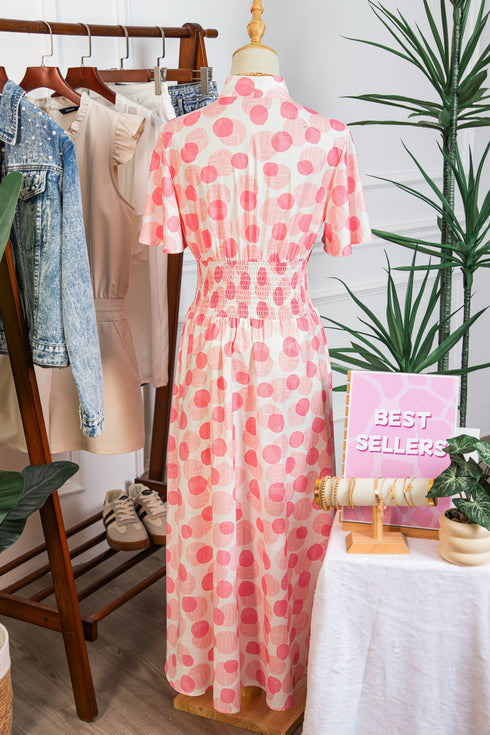 Polka Dot Smocked Ruffle Sleeve A Line Maxi Dress