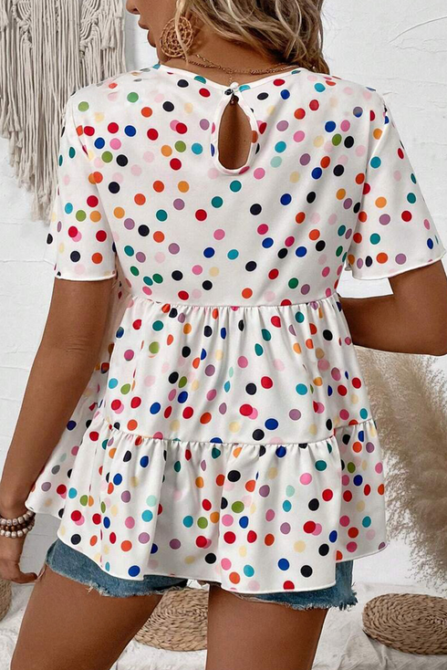 Polka Dot Tiered Ruffle Sleeve Babydoll Blouse
