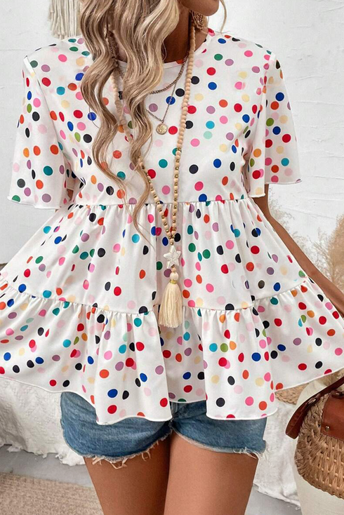 Polka Dot Tiered Ruffle Sleeve Babydoll Blouse