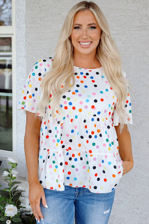 Polka Dot Tiered Ruffle Sleeve Babydoll Blouse