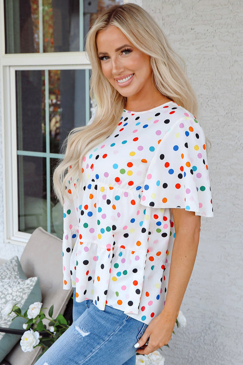 Polka Dot Tiered Ruffle Sleeve Babydoll Blouse