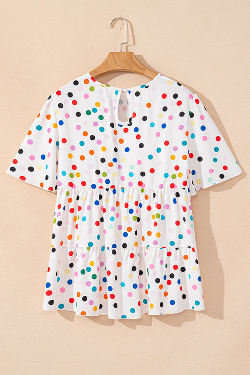 Polka Dot Tiered Ruffle Sleeve Babydoll Blouse