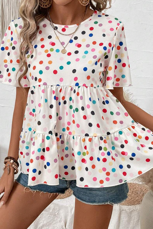 Polka Dot Tiered Ruffle Sleeve Babydoll Blouse