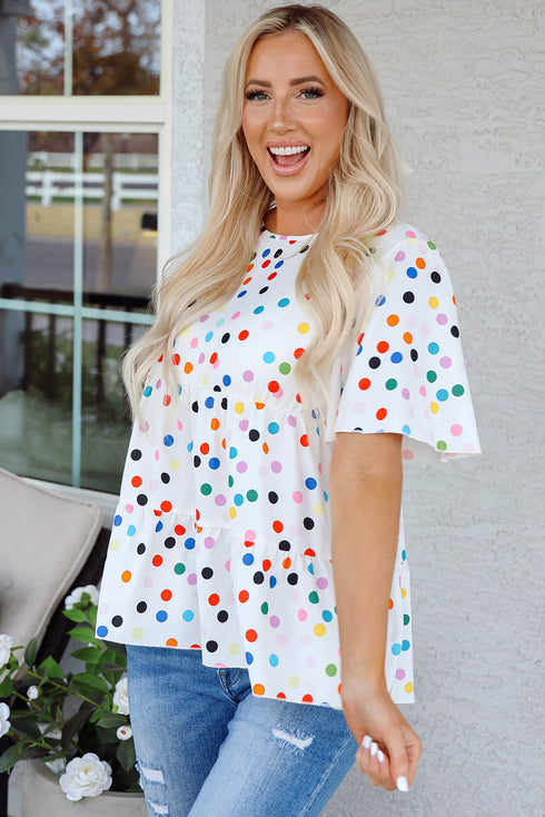 Polka Dot Tiered Ruffle Sleeve Babydoll Blouse