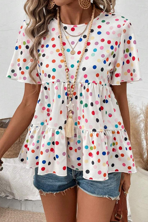 Polka Dot Tiered Ruffle Sleeve Babydoll Blouse