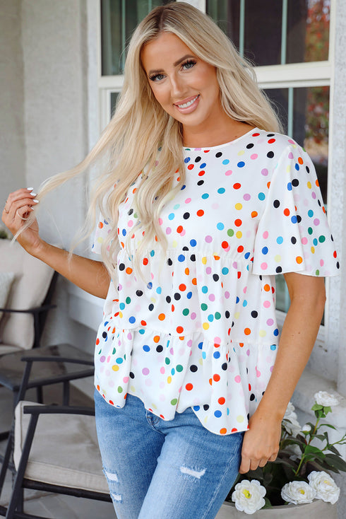 Polka Dot Tiered Ruffle Sleeve Babydoll Blouse