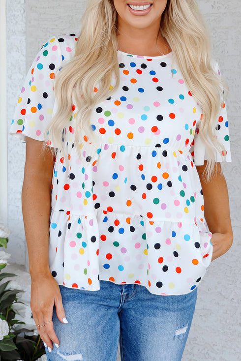 Polka Dot Tiered Ruffle Sleeve Babydoll Blouse