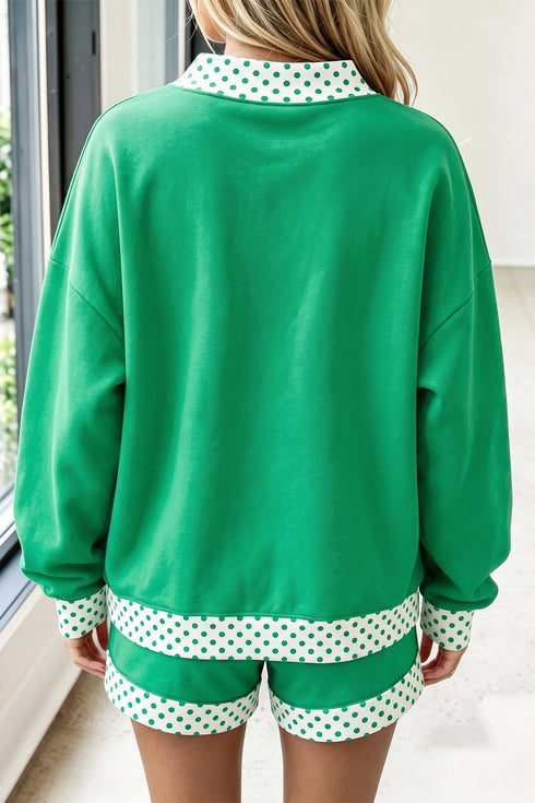 Polka Dot Trim Baggy Pullover Short Set