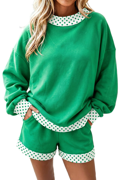 Polka Dot Trim Baggy Pullover Short Set
