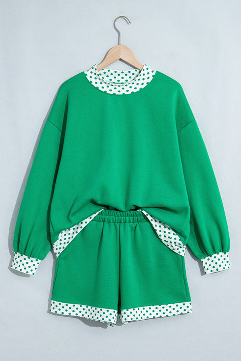 Polka Dot Trim Baggy Pullover Short Set