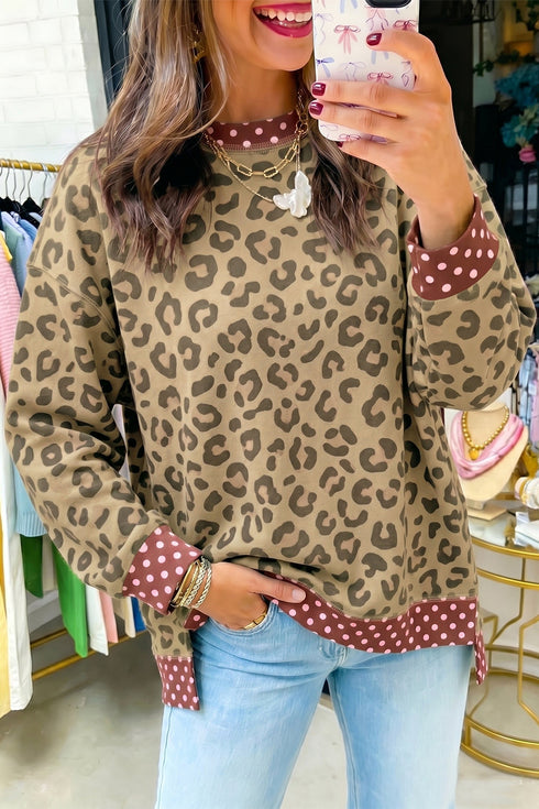 Polka Dot Trim Leopard Long Sleeve Top