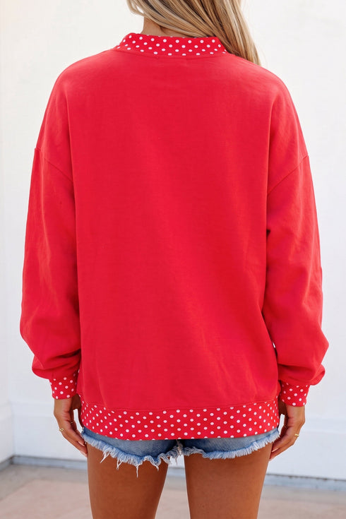 Polka Dot Trim Letter Graphic Mock Neck Baggy Sweatshirt